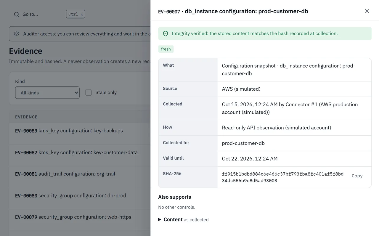An evidence record with its source, collection method and SHA-256 hash, integrity verified.